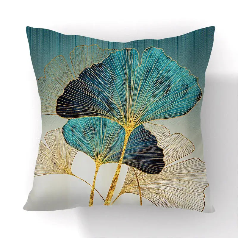 Square decorbites ginkgo leaves print sofa pillowcase with teal navy blue and gold stylized ginkgo leaves on gradient background