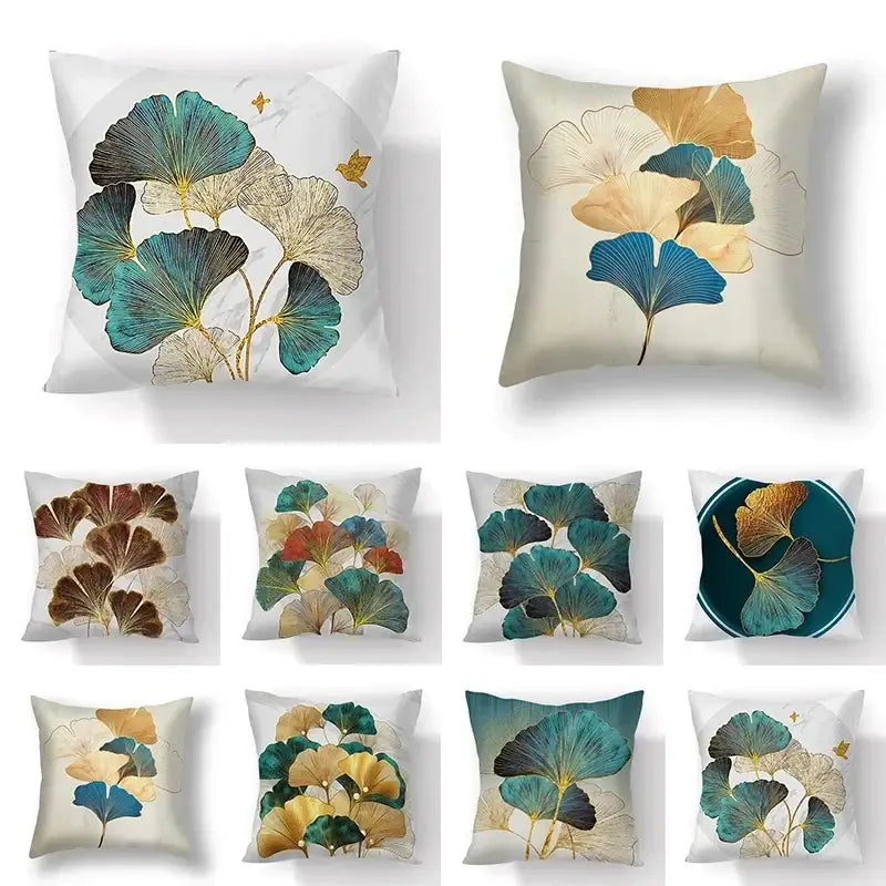 Decorbites ginkgo leaves print sofa pillowcase 45x45cm featuring teal gold cream leaves print on soft white fabric