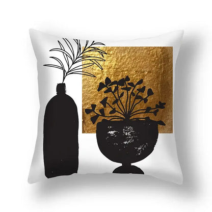 White decorbites ginkgo leaves print throw pillow with minimalist black and gold abstract vases design 45x45cm