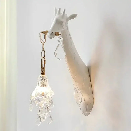 White ceramic giraffe love wall lamp with gold chain and crystal pendant for cute bedside decoration by decorbites