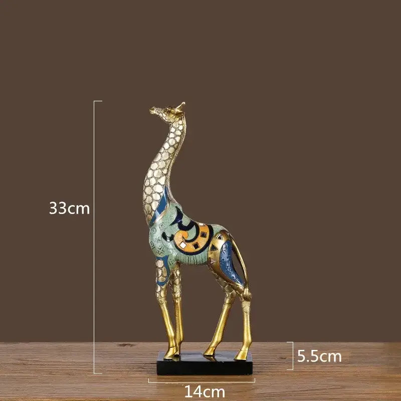 Decorbites giraffe mother and child painted sculpture with gold metallic finish and intricate teal blue mosaic patterns