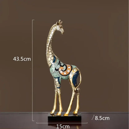 Decorbites giraffe mother and child painted sculpture featuring gold-toned metal with turquoise blue and orange enamel patterns