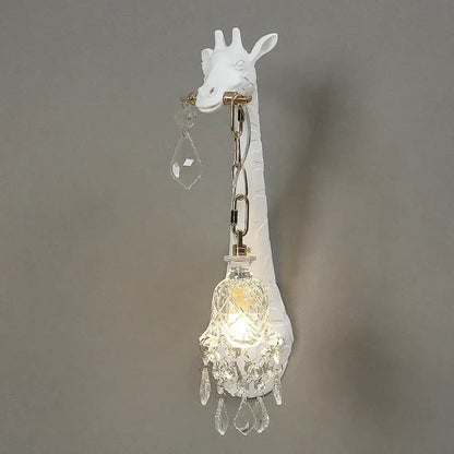 White DecorBites giraffe resin wall lamp sconce with crystal pendant and dangling crystals for bedside decor