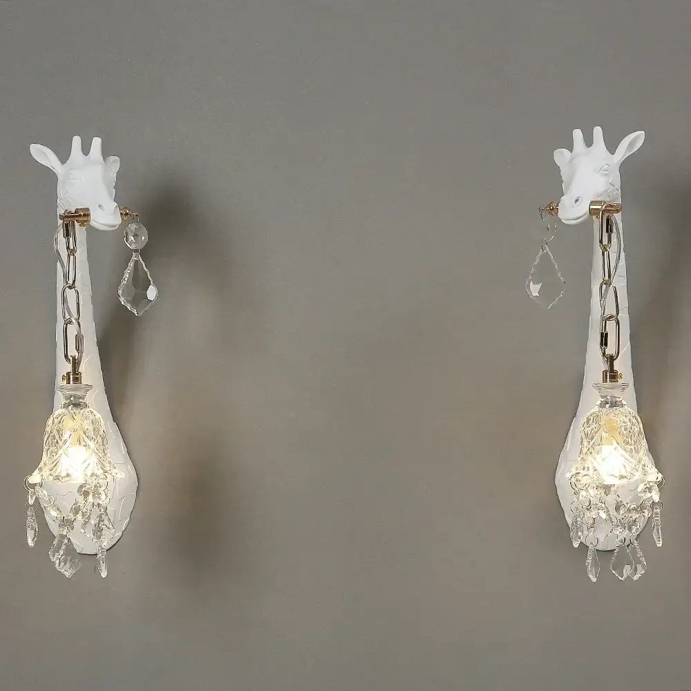 DecorBites giraffe resin wall lamp sconce with white giraffe shape, crystal droplets, and gold-toned hardware for decor