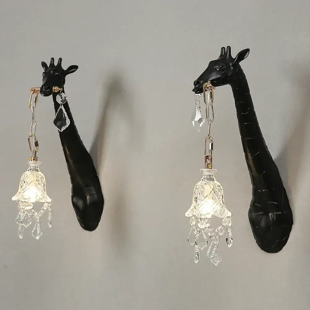 Black giraffe resin wall lamp sconce light with crystal bell shades and dangling crystals for bedside decorbites giraffe resin