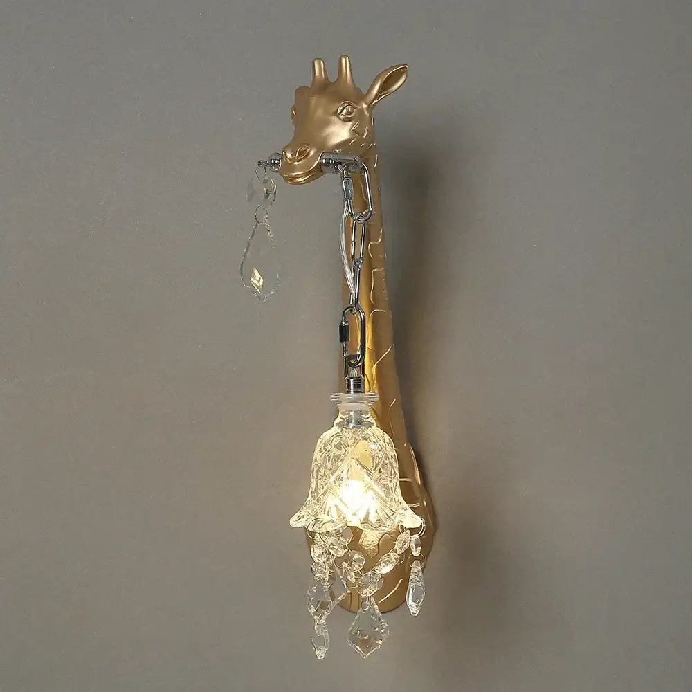 Gold-colored decorbites giraffe resin wall lamp with crystal bell shade and dangling crystals for living room decor