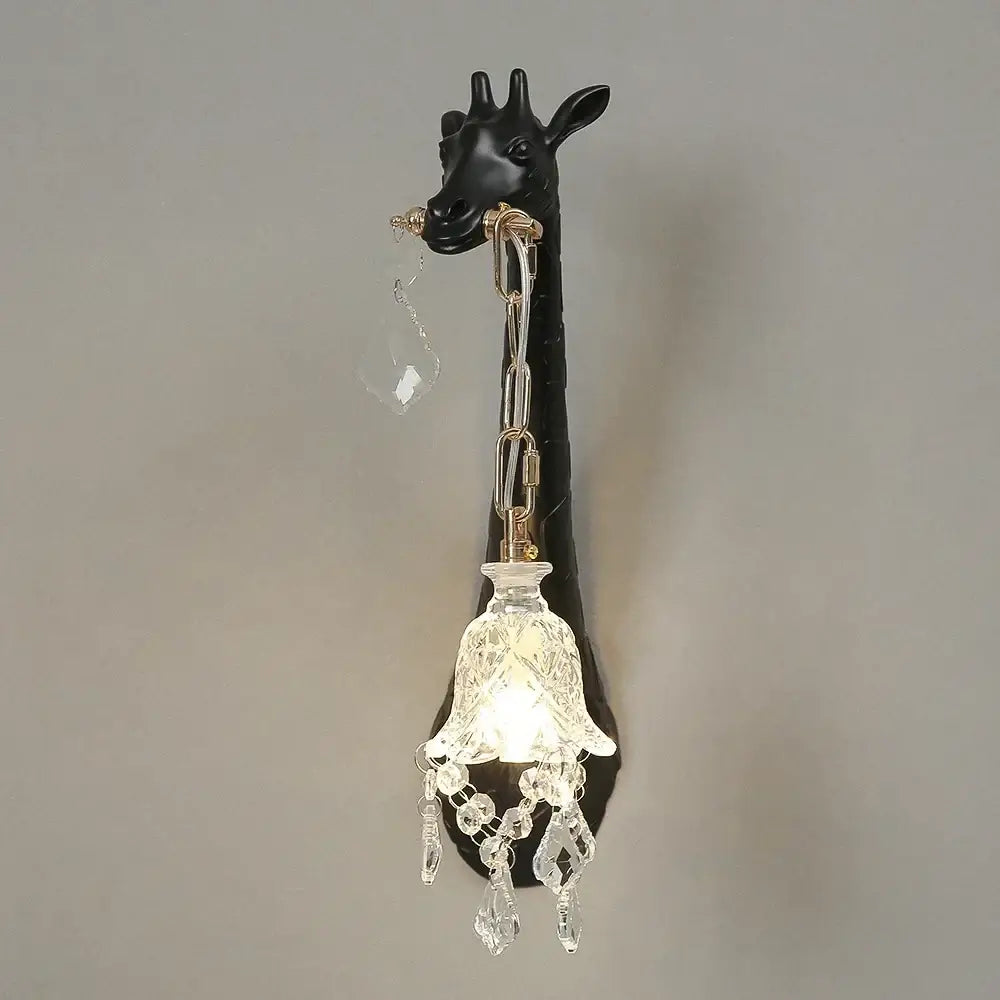 Black DecorBites giraffe resin wall lamp sconce light with crystal bell pendant for bedside and living room decor