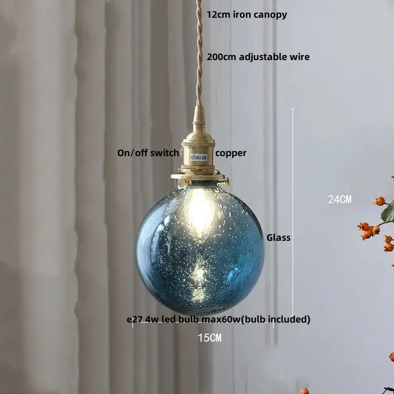 Blue speckled glass pendant lamp with brass copper switch and iron canopy in decorbites glabe led pendant design