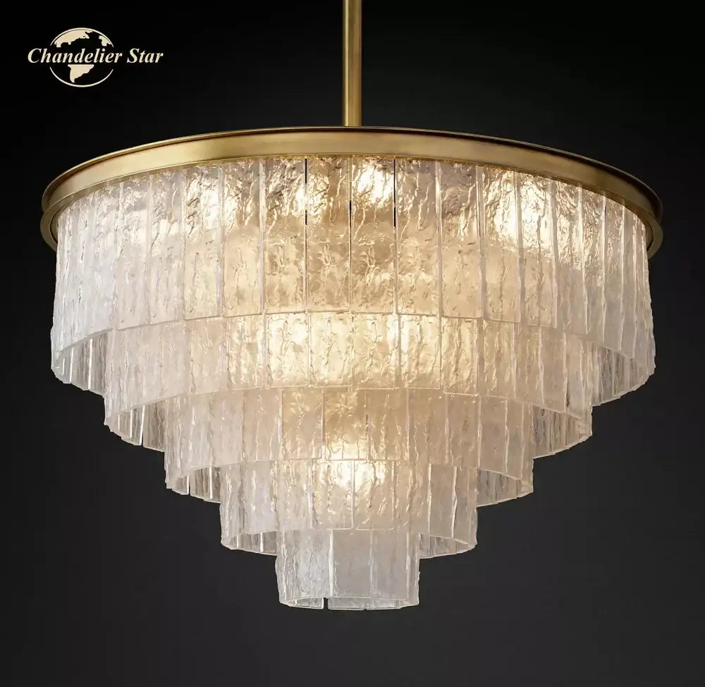 Brass-framed decorbites glace modern glass chandelier with tiered textured panels for living and dining rooms