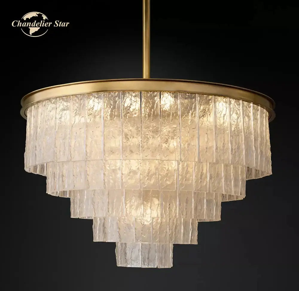 Brass-framed decorbites glace modern glass chandelier with cascading textured translucent panels for living room