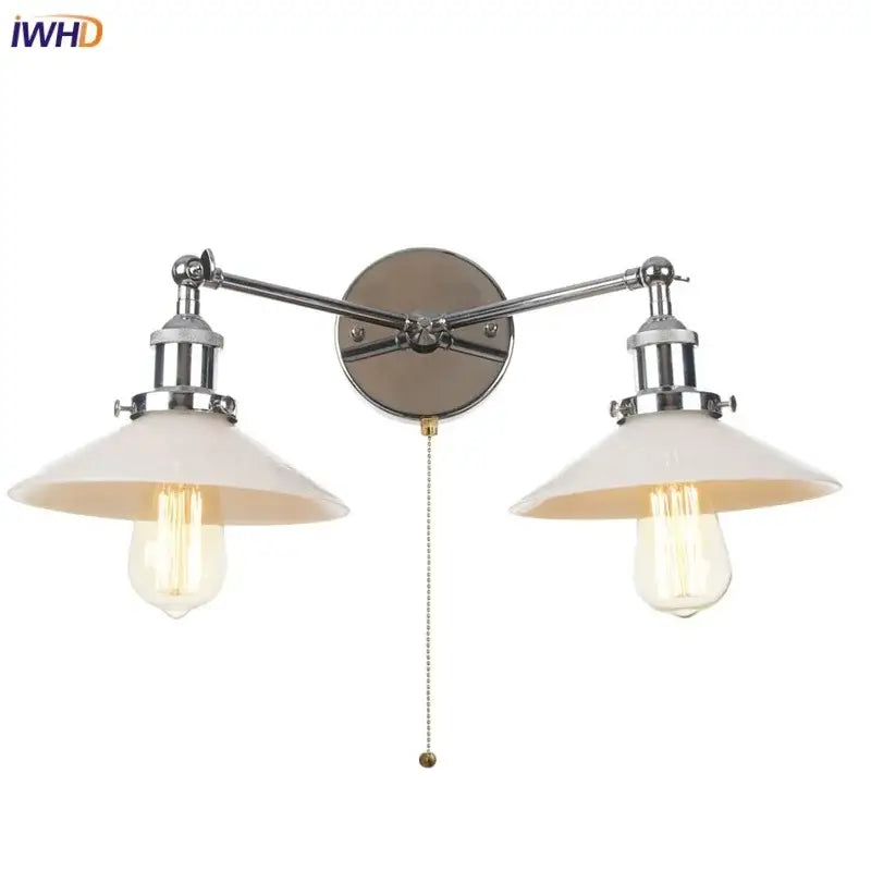 DecorBites™ glass wall sconce with chrome metal arms, off-white ceramic shades, and pull chain switch for bedroom use
