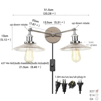 DecorBites™ glass 2-light wall sconce with chrome iron arms, glass shades, exposed Edison bulbs, and pull chain switch