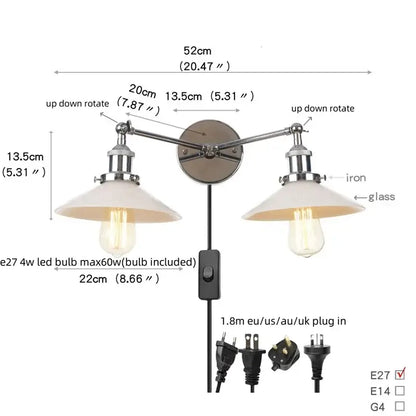 Decorbites™ glass 2-light wall sconce with chrome iron arms frosted glass shades and pull chain switch for bedroom and bathroom