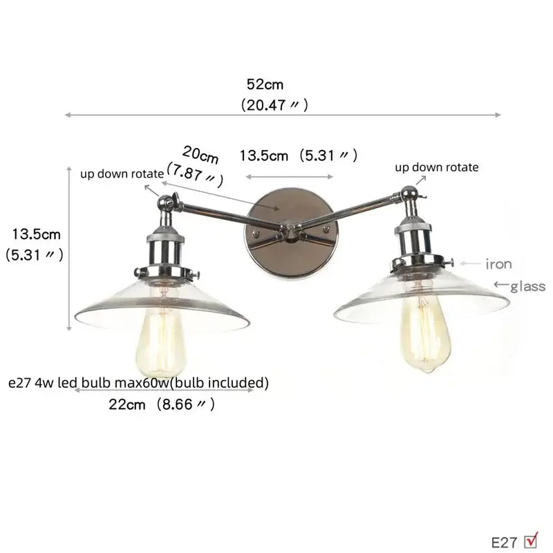 Decorbites glass 2-light wall sconce with chrome iron arms white glass shades and pull chain switch for bedroom use