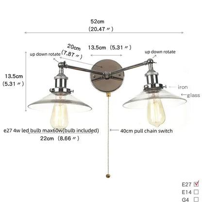 Decorbites glass 2-light wall sconce with chrome iron arms clear glass shades and pull chain switch for bedroom and bathroom