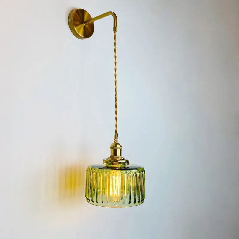 Vintage-style decorbites glass adjustable led sconce wall light with brass mounting and green ribbed glass shade for bedroom decor