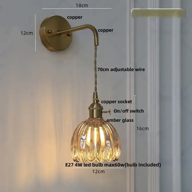 Copper wall lamp decorbites glass adjustable led with ribbed amber glass shade and adjustable wire pull chain switch