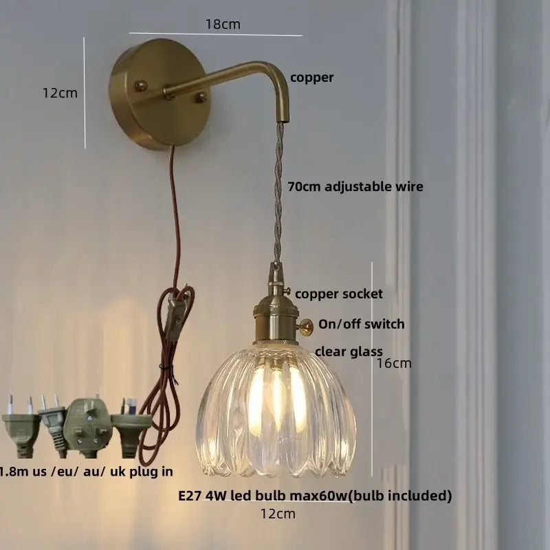 Antique brass-finished decorbites glass adjustable led wall lamp with clear ribbed shade and adjustable copper wire