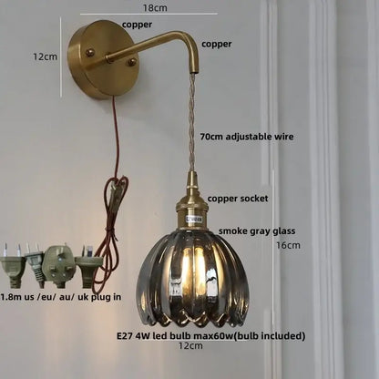 Antique brass-finished decorbites glass adjustable led wall lamp with textured smoke gray glass shade and pull chain switch