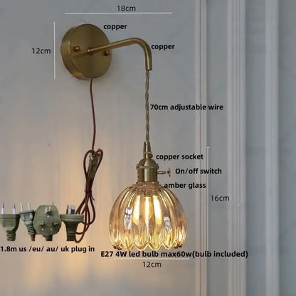 Copper decorbites glass adjustable wall lamp with amber glass shade and 70cm wire, modern Nordic glass adjustable LED design