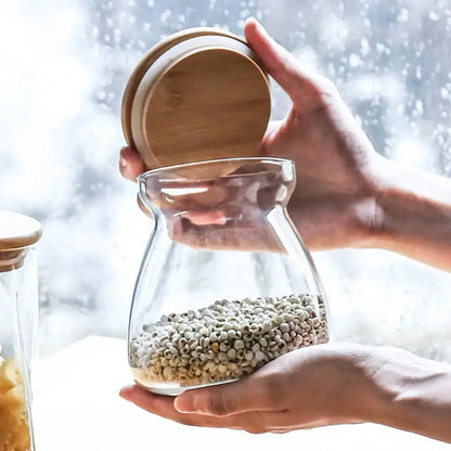 Clear glass airtight canister decorbites glass airtight with bamboo lid filled with green coffee beans for kitchen storage