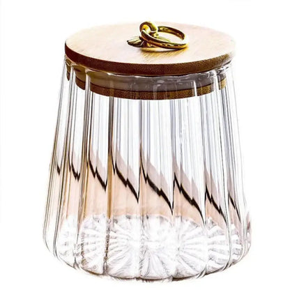 Decorbites glass airtight canister with clear glass ridges and wooden lid featuring gold ring handle for kitchen storage