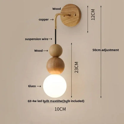 Decorbites™ glass and wood adjustable wall light with warm glow and copper bracket for living room and bedroom
