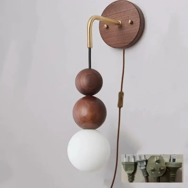 Decorbites™ wood adjustable wall light with circular base, brass arm, and white glass globe for living room and bedroom