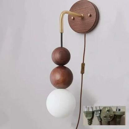 Decorbites™ wood adjustable wall light with circular base, brass arm, and white glass globe for living room and bedroom