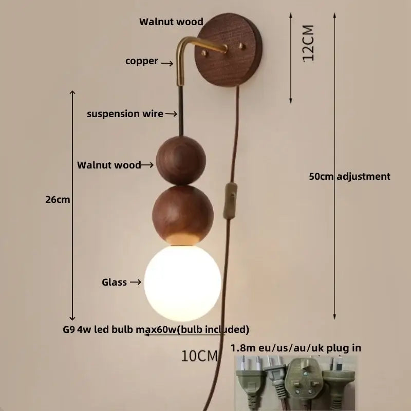 Decorbites wood adjustable wall light with walnut spheres copper accent and glass globe bulb for living room and bedroom