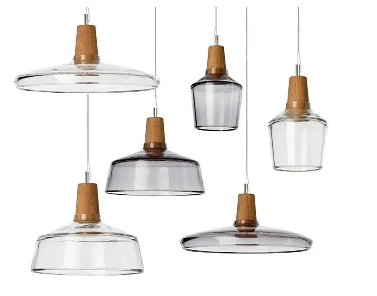 Modern american retro decorbites glass and wood pendant light with clear smoky gray shades for dining loft