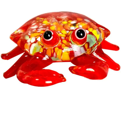 Vibrant red glass animal figurine crab with speckled orange yellow shell and glossy black eyes from decorbites glass collectibles