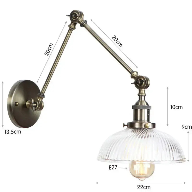Antique brass adjustable wall lamp with ribbed glass arm wall shade and e27 bulb socket by DecorBites glass arm