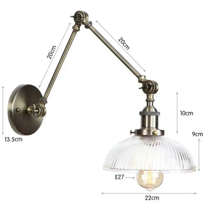Antique brass adjustable wall lamp with ribbed glass arm wall shade and e27 bulb socket by DecorBites glass arm