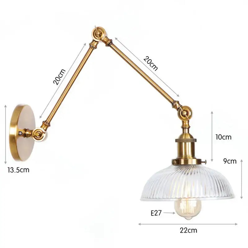 Brass-finished decorbites glass arm wall lamp with ribbed glass shade and e27 bulb socket in black gold vintage style