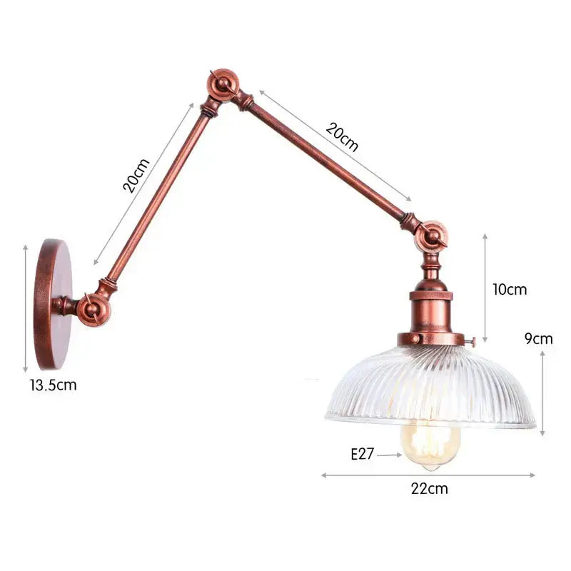 Antique brass-finished decorbites glass arm wall lamp with ribbed glass shade and e27 bulb socket in black gold vintage style