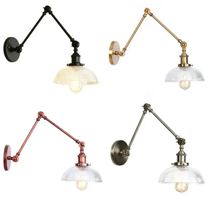 Adjustable decorbites glass arm wall lamp with ribbed glass shades in black, brass, copper, and antique bronze finishes