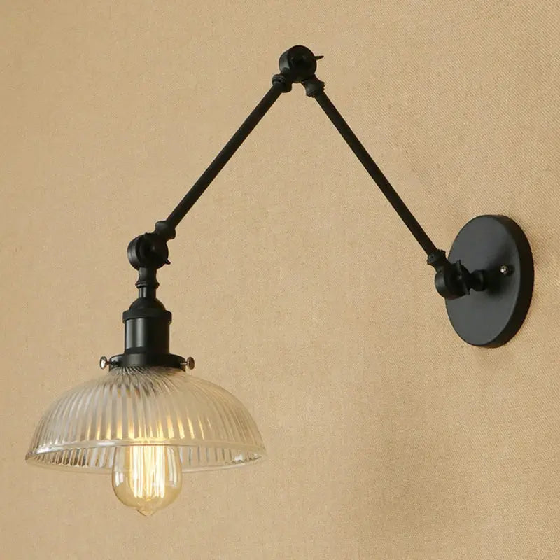 Black wrought iron decorbites glass arm wall lamp with ribbed glass shade and exposed filament bulb vintage style