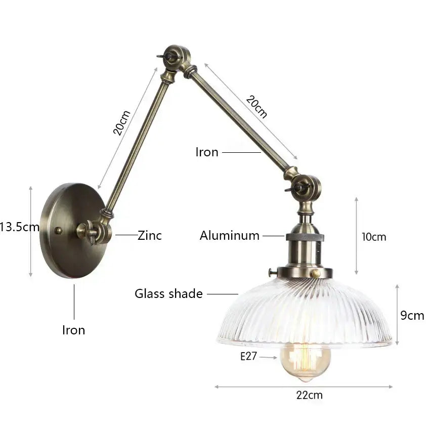 Vintage-style decorbites glass arm wall lamp with brass metal frame and clear ribbed glass shade in black gold finish