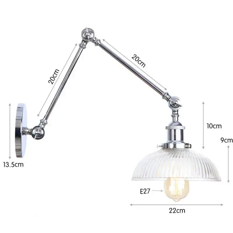 Chrome-finished decorbites glass arm wall lamp with ribbed glass shade and exposed Edison bulb in black gold finish