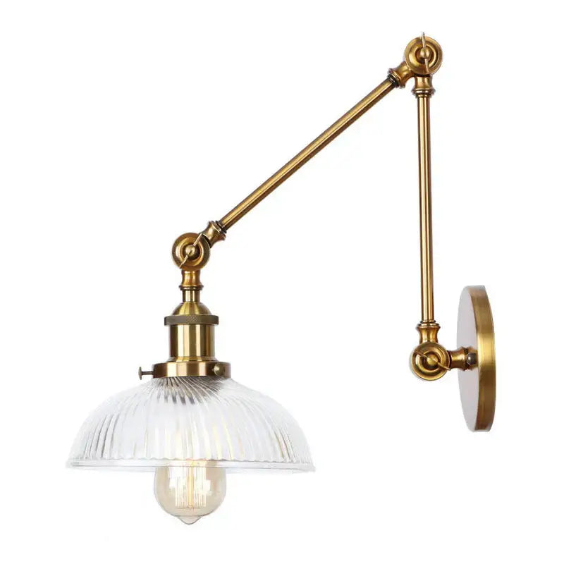 Brass decorbites glass arm wall lamp with ribbed glass shade and exposed filament bulb in black gold finish