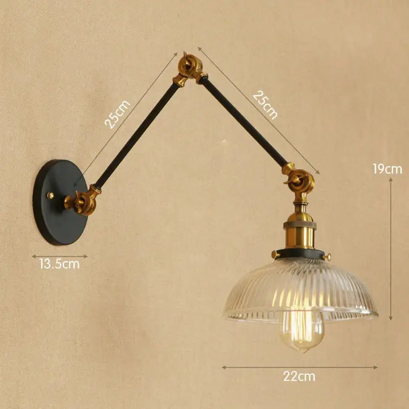 DecorBites glass arm wall lamp with black articulated arms, brass fittings, and ribbed glass shade industrial style