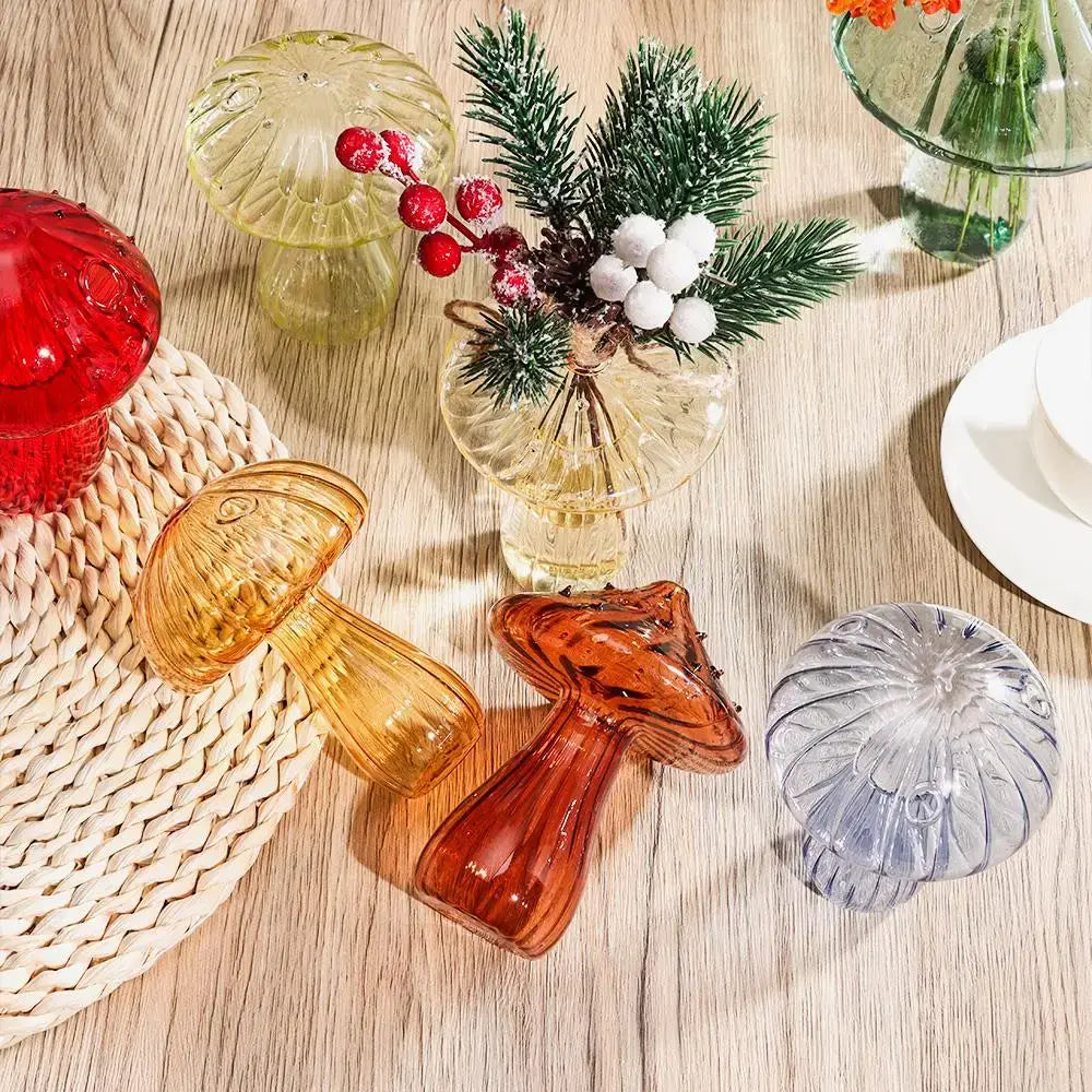 Decorbites glass aromatherapy vase featuring colorful glass mushroom ornaments in red amber and clear for home decor