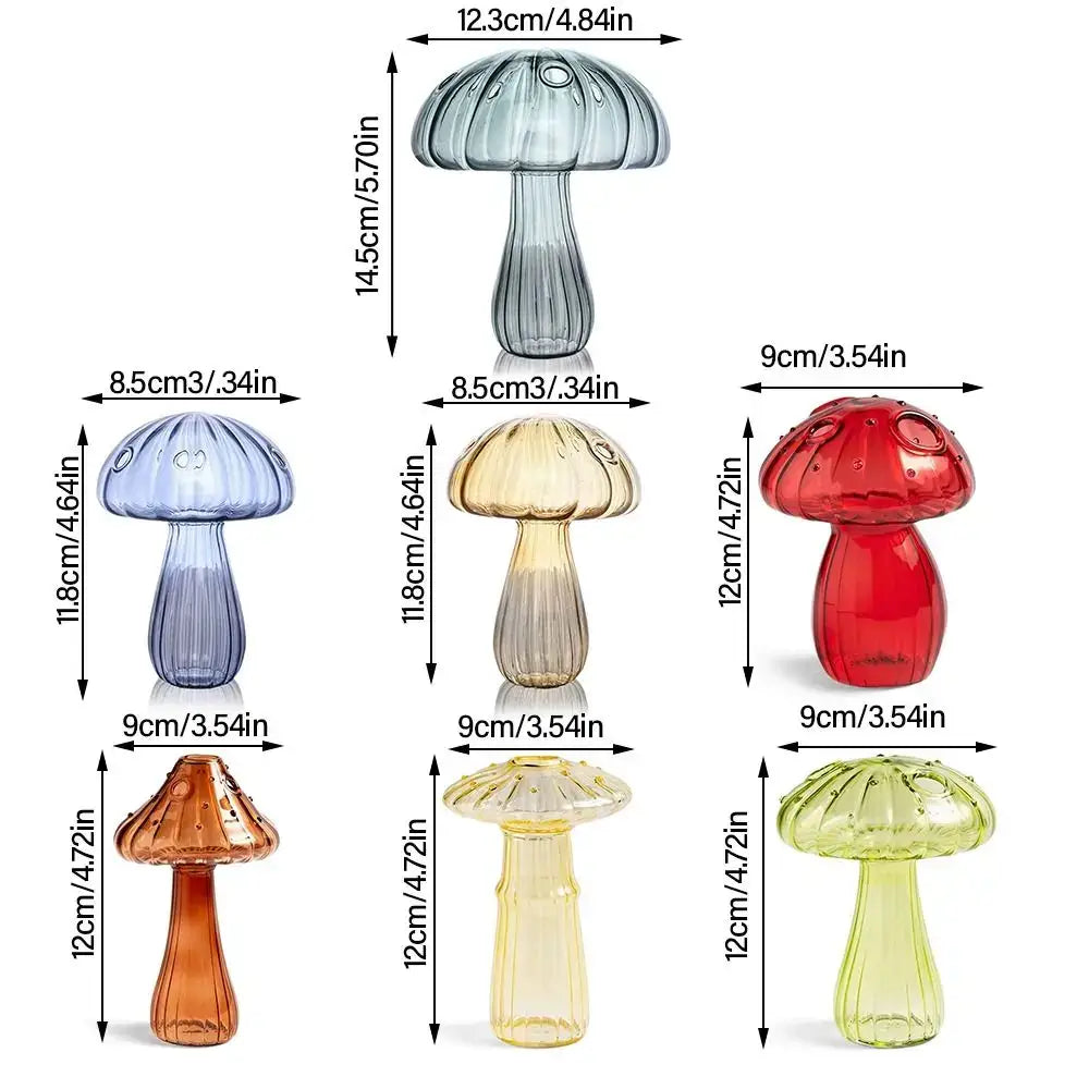 DecorBites™ glass aromatherapy vase home decor featuring colorful mushroom-shaped glass vases in blue amber red and green
