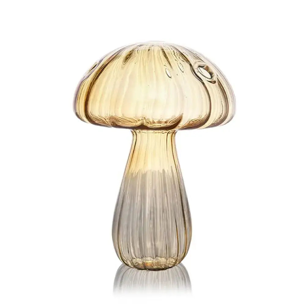 DecorBites™ glass aromatherapy vase shaped as a translucent amber glass mushroom with ribbed texture for home decor