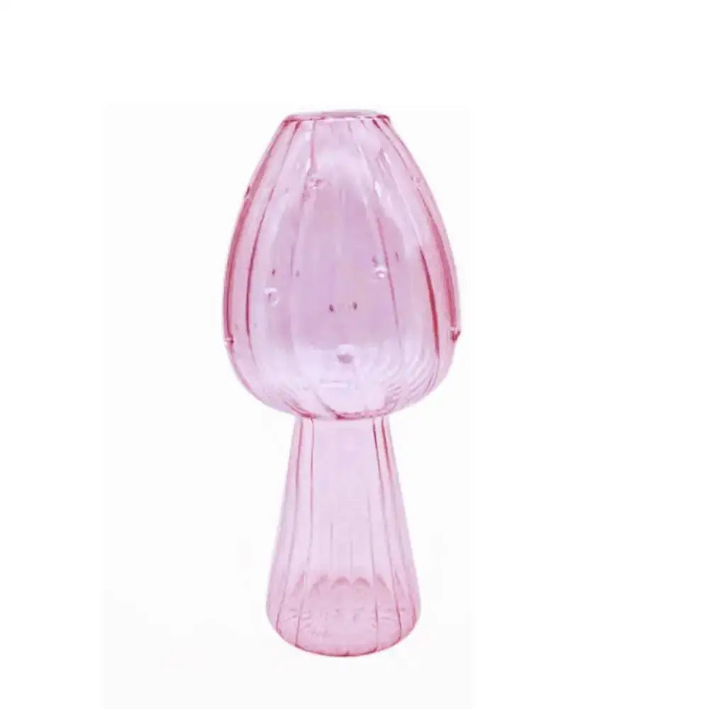 DecorBites™ translucent pink glass aromatherapy vase shaped like a mushroom with vertical ridges for home decor