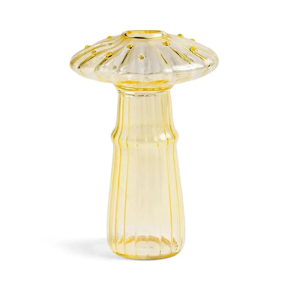 DecorBites glass aromatherapy vase in translucent yellow with fluted mushroom top and ridged stem for home decor