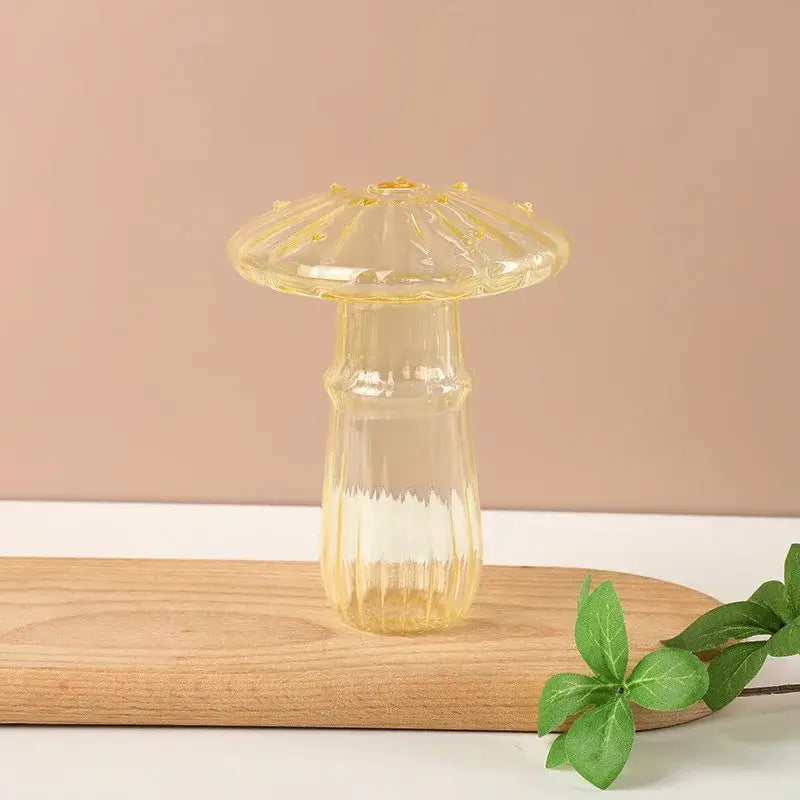Transparent yellow glass aromatherapy vase with mushroom shape and ribbed texture for elegant home decor