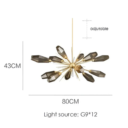 Gold-toned decorbites glass art chandelier with twelve dark smoked glass prisms for living room and bedroom lighting