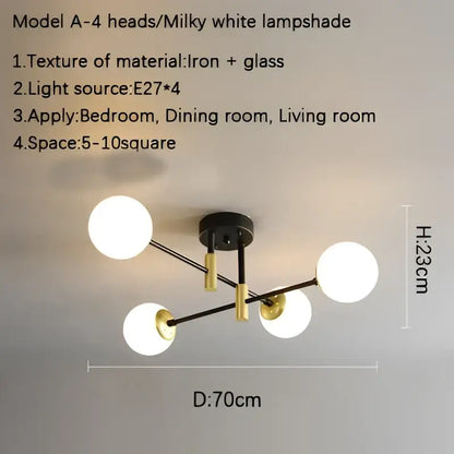 Decorbites glass ball black chandelier with milky white glass ball lampshades on black and gold metal frame model a-4